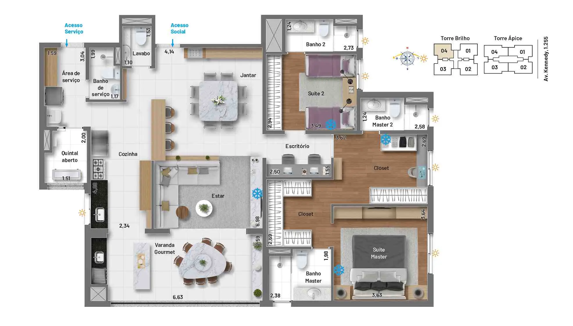 2 suítes, sendo a master com closet ampliado, lavabo, duas entradas e área de serviço separada da cozinha. Ampla varanda gourmet e depósito home box por unidade. 